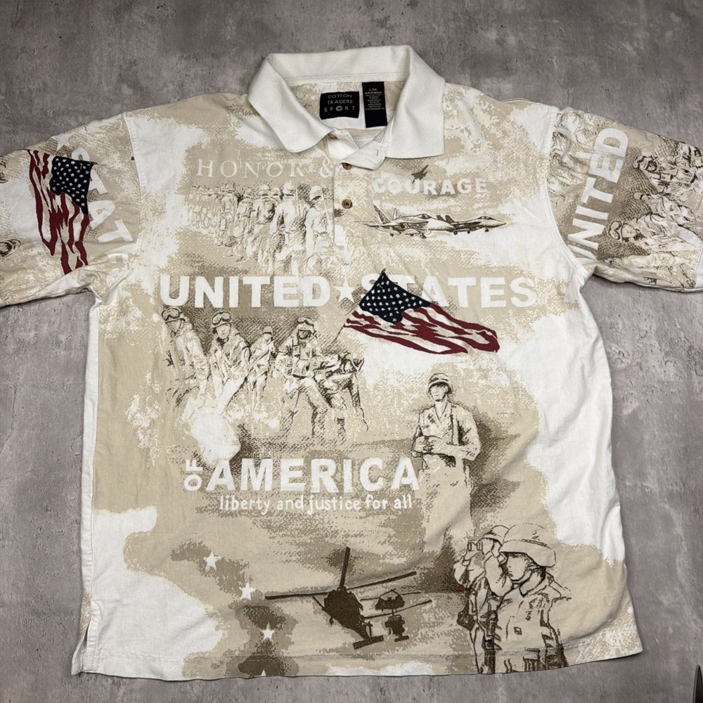 Cotton Traders Sport Patriotic Polo Shirt Size L American Flag Soldiers AOP Y2K